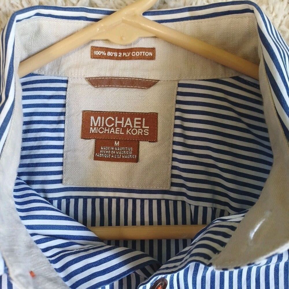 Michael Kors Men's Shirt M Medium White Blue Striped 80s 2 Ply Cotton Button Up